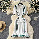 French Retro Lapel Contrast Color Waist Slim Ruffle Sweater Dress
