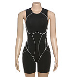 Fashion Sleeveless Design Contrast Color Line Tight Jumpsuit
