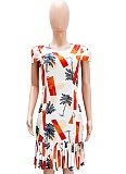 Women's Printed Pleated Short Sleeve Slim Dress Wholesale