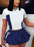 Summer Short Sleeve Lapel Top Striped Mini Skirt Two Piece Set Wholesale
