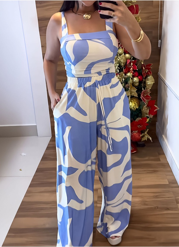 Women'S Casual Printed Suspender Top Elastic Waist Pants Two-Piece Set Wholesale