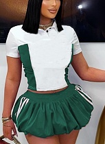 Summer Short Sleeve Lapel Top Striped Mini Skirt Two Piece Set Wholesale
