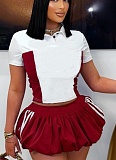 Summer Short Sleeve Lapel Top Striped Mini Skirt Two Piece Set Wholesale