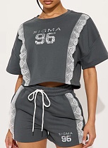 Round Neck Lace Colorblock Top Tie Drawstring Elastic Shorts Two-Piece Set Wholesale
