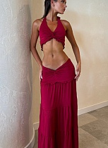 Sexy Hollow Pleated Halter Neck Top Fashionable Temperament Skirt Suit