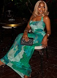 Sexy Suspender Print Color Matching Hip Long Skirt Two Piece Set