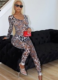 Casual Leopard Print Slim Fit Hollow Transparent U-Neck Jumpsuit