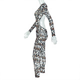 Casual Leopard Print Slim Fit Hollow Transparent U-Neck Jumpsuit