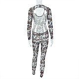 Casual Leopard Print Slim Fit Hollow Transparent U-Neck Jumpsuit