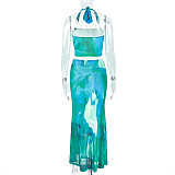 Sexy Suspender Print Color Matching Hip Long Skirt Two Piece Set