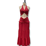 Sexy Hollow Pleated Halter Neck Top Fashionable Temperament Skirt Suit