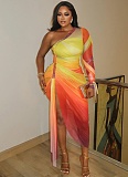 Fashion One-shoulder Sleeve Pleated Color Matching Slit Slim Irregular Dress