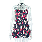 Fashion Printed Pleated Halter Neck Wrap Waist Short A-Line Dress