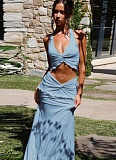Sexy Hollow Pleated Halter Neck Top Fashionable Temperament Skirt Suit