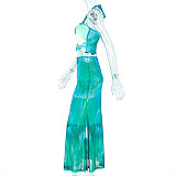 Sexy Suspender Print Color Matching Hip Long Skirt Two Piece Set