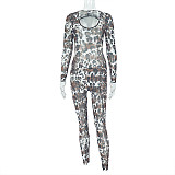 Casual Leopard Print Slim Fit Hollow Transparent U-Neck Jumpsuit