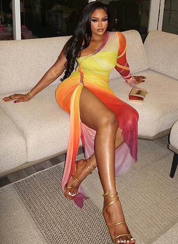Fashion One-shoulder Sleeve Pleated Color Matching Slit Slim Irregular Dress