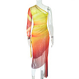 Fashion One-shoulder Sleeve Pleated Color Matching Slit Slim Irregular Dress