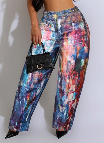 3D Printed Wide Leg Scimitar Jeans Dopamine Women's Casual Pants Wholesale