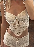 Sexy Solid Color Navel-baring Camisole Beaded Top and Shorts Two-piece Set