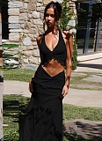 Sexy Hollow Pleated Halter Neck Top Fashionable Temperament Skirt Suit