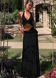 Sexy Hollow Pleated Halter Neck Top Fashionable Temperament Skirt Suit