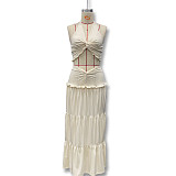 Sexy Hollow Pleated Halter Neck Top Fashionable Temperament Skirt Suit