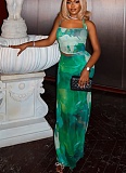 Sexy Suspender Print Color Matching Hip Long Skirt Two Piece Set