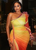 Fashion One-shoulder Sleeve Pleated Color Matching Slit Slim Irregular Dress