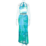 Sexy Suspender Print Color Matching Hip Long Skirt Two Piece Set