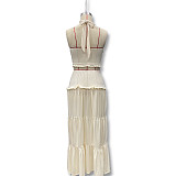 Sexy Hollow Pleated Halter Neck Top Fashionable Temperament Skirt Suit