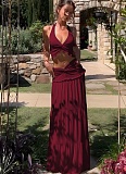 Sexy Hollow Pleated Halter Neck Top Fashionable Temperament Skirt Suit
