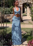 Sexy Hollow Pleated Halter Neck Top Fashionable Temperament Skirt Suit