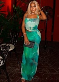 Sexy Suspender Print Color Matching Hip Long Skirt Two Piece Set