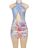 Sexy Backless Halter Neck Printed Lace Stitching Hip Dress Wholesale