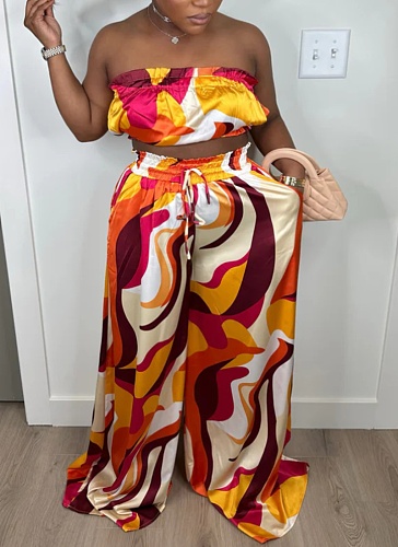 Fashion Print Sexy Wrap Chest Loose Casual Wide Leg Pants Two-Piece Set Wholesale