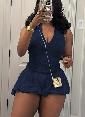 Casual Washed Sleeveless Bubble Shorts Jumpsuit