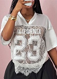 Printed Loose Casual Street See-through Sexy Lace Splicing Tops Wholesale