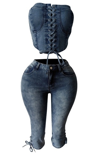 New Tube Top Lace-Up Top Cropped Pants Stretch Denim Two-Piece Set Wholesale