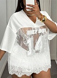 Printed Loose Casual Street See-through Sexy Lace Splicing Tops Wholesale