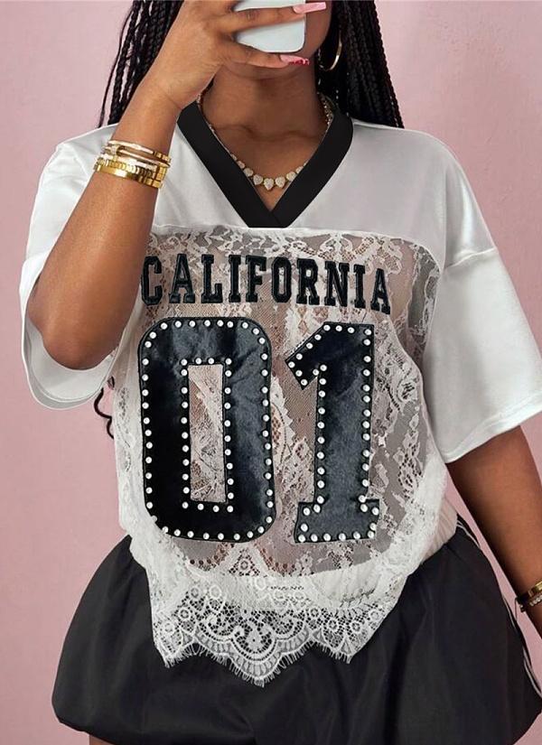 Printed Loose Casual Street See-through Sexy Lace Splicing Tops Wholesale