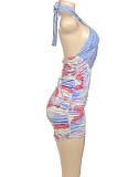 Sexy Backless Halter Neck Printed Lace Stitching Hip Dress Wholesale
