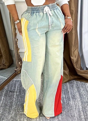 Casual Drawstring High Waist Contrast Color Stitching Gradient Straight Denim Trousers Wholesale