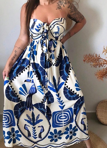 Summer Strapless Tube Top Printed Mid-Length Dress Wholesale