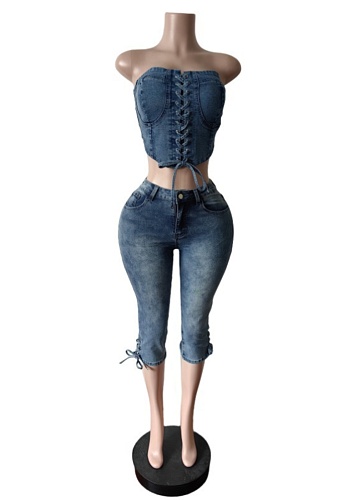 New Tube Top Lace-Up Top Cropped Pants Stretch Denim Two-Piece Set Wholesale