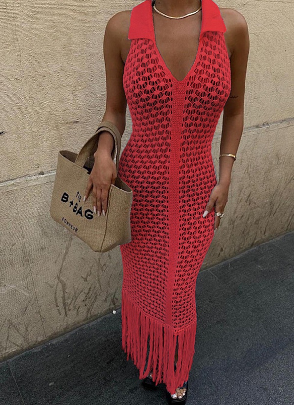 Summer New Hot Girl Hollow See-Through Fashion Lapel Dress Wholesale