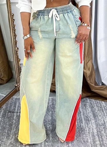 Casual Drawstring High Waist Contrast Color Stitching Gradient Straight Denim Trousers Wholesale