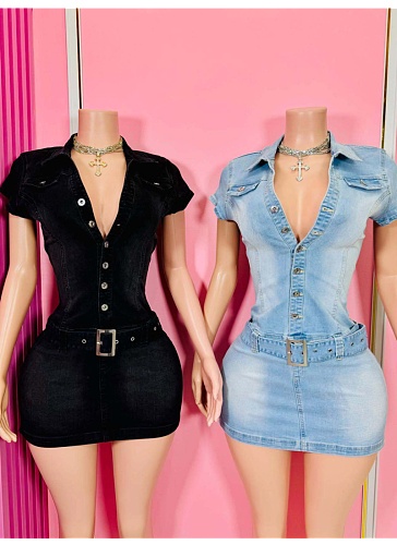 Fashion Slim Fit Stretch Short Sleeve Denim Dress Wholesale