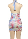 Sexy Backless Halter Neck Printed Lace Stitching Hip Dress Wholesale