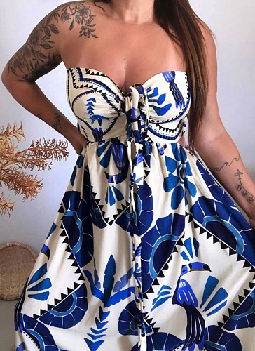 Summer Strapless Tube Top Printed Mid-Length Dress Wholesale